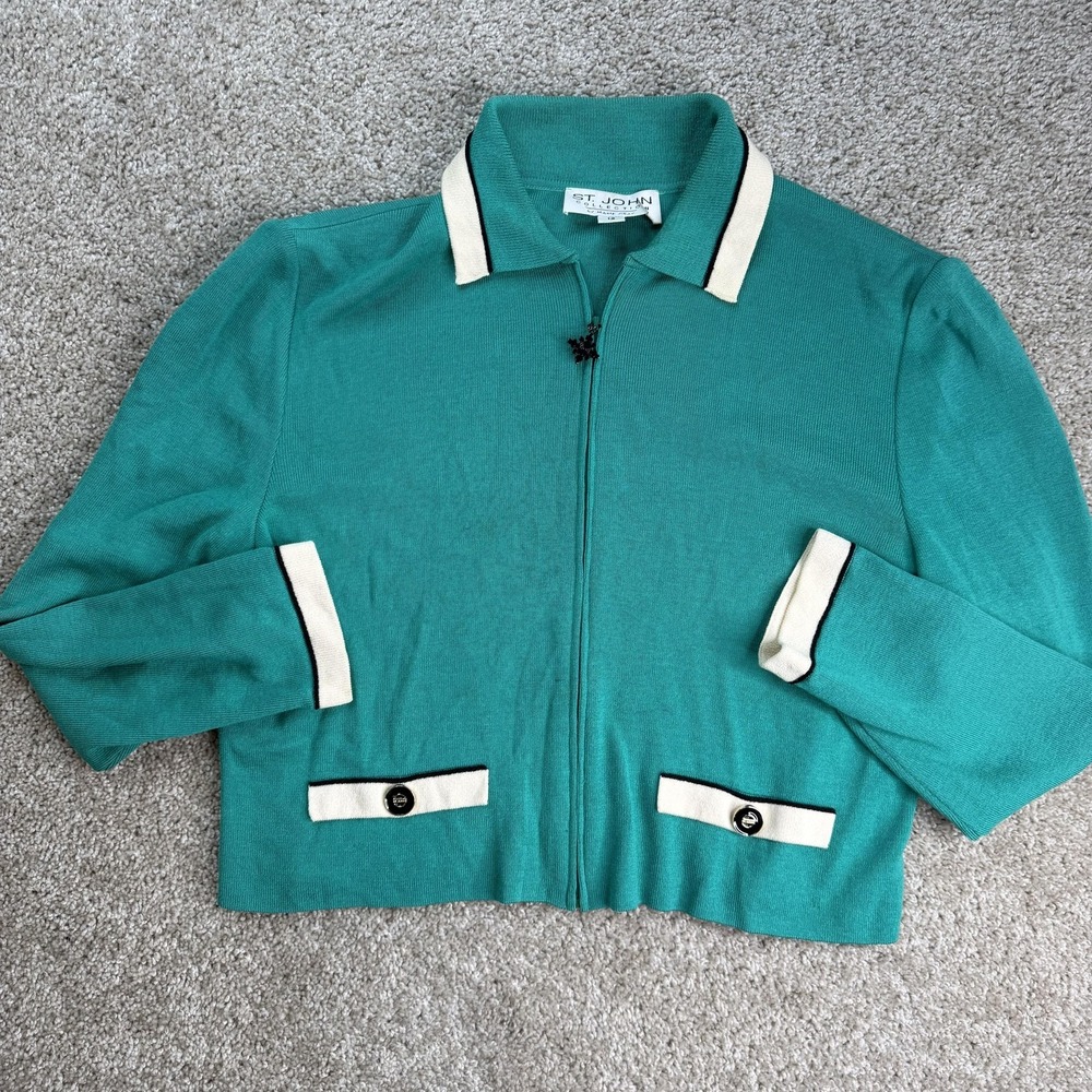 St. John Collection Sweater Womens 12 Green Collared Full Zip Cardigan Knit